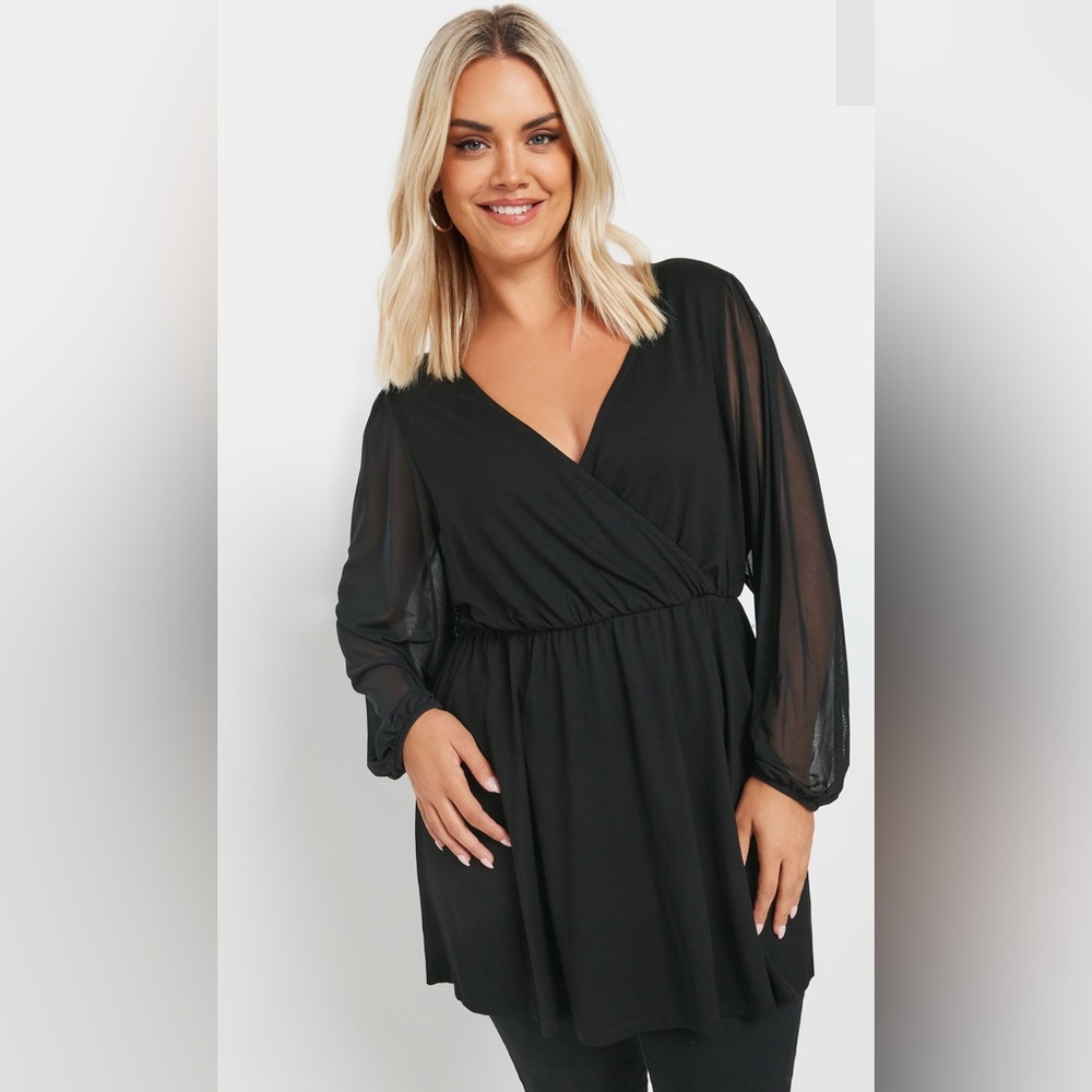 YOURS Curve Black Mesh Sleeve Wrap Top